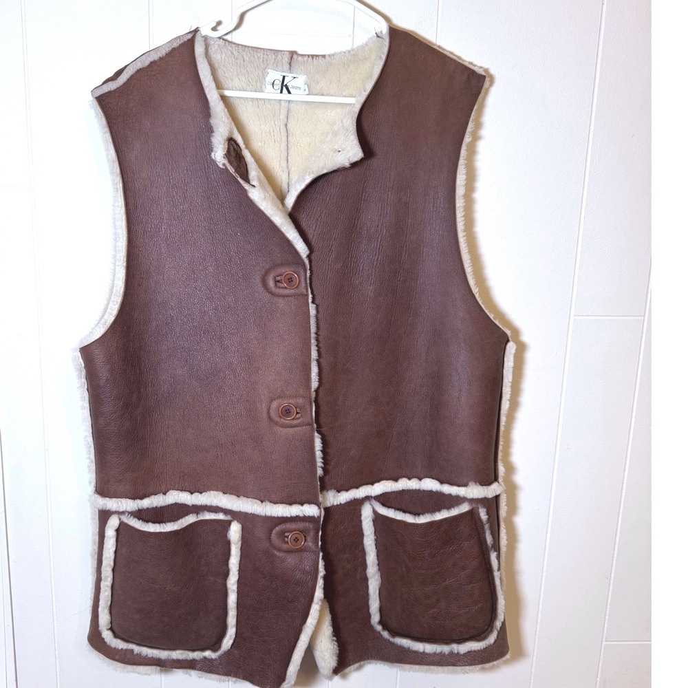 Vintage Calvin Klein Jeans Long Brown Shearling Sheepskin Vest Mens M USA Made